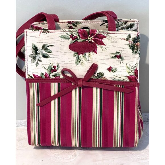Longaberger Holiday Poinsettia Tote Bag Magnetic Handle Snap Closure Bow Accent - Picture 1 of 10
